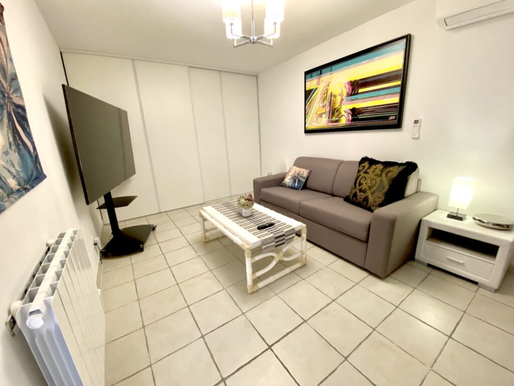 coin salon avec television dans la junior suite reliee a la chambre terrasse